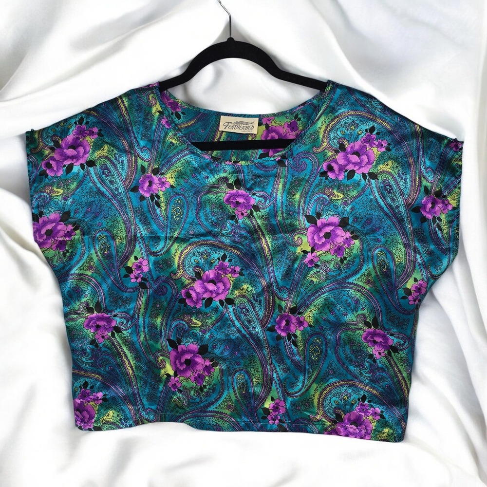 Vintage Featherbed New York Teal Purple Floral Paisley Blouse Crop Top‎ Medium